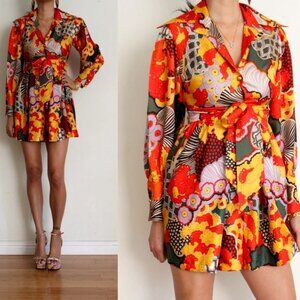 Vintage Jane Martin silk skort dress - sassy orange red black 60s 70s